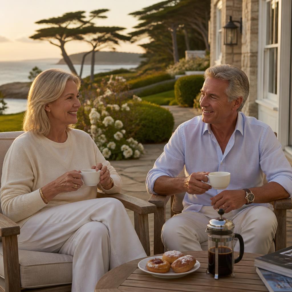 A retired couple laughing over coffee on their back porch